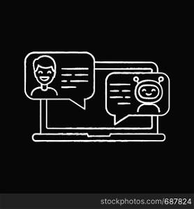 Support chatbot chalk icon. Messenger bot. Virtual assistant. Modern robot. Man chatting with bot on laptop. Isolated vector chalkboard illustration. Support chatbot chalk icon