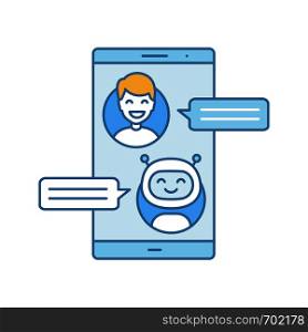 Support chatbot color icon. Messenger bot. Modern robot. Virtual assistant. Chat bot. Man chatting with bot on smartphone. Isolated vector illustration. Support chatbot color icon