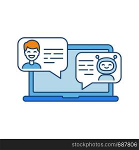 Support chatbot color icon. Messenger bot. Virtual assistant. Modern robot. Man chatting with bot on laptop. Isolated vector illustration. Support chatbot color icon