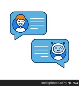Support chatbot color icon. Talkbot. Online virtual assistant. Chat bot. Modern robot. Man chatting with messenger bot. Isolated vector illustration. Support chatbot color icon