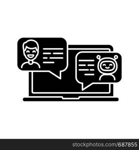 Support chatbot glyph icon. Silhouette symbol. Messenger bot. Virtual assistant. Modern robot. Man chatting with bot on laptop. Negative space. Vector isolated illustration. Support chatbot glyph icon