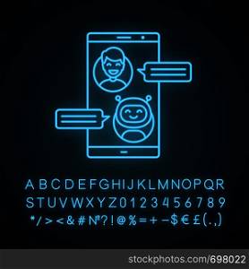 Support chatbot neon light icon. Messenger bot. Modern robot. Virtual assistant. Man chatting with bot on smartphone. Glowing sign with alphabet, numbers and symbols. Vector isolated illustration. Support chatbot neon light icon