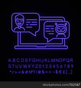 Support chatbot neon light icon. Messenger bot. Virtual assistant. Modern robot. Man chatting with bot on laptop. Glowing sign with alphabet, numbers and symbols. Vector isolated illustration. Support chatbot neon light icon