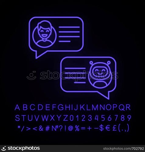 Support chatbot neon light icon. Talkbot. Virtual assistant. Chat bot. Modern robot. Man chatting with messenger bot. Glowing sign with alphabet, numbers and symbols. Vector isolated illustration. Support chatbot neon light icon
