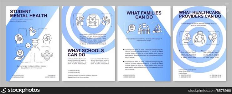 Support child mental health blue gradient brochure template. Back to school. Leaflet design with linear icons. 4 vector layouts for presentation, annual reports. Arial, Myriad Pro-Regular fonts used. Support child mental health blue gradient brochure template