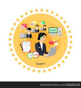 Support concept icon flat design. Business communication, internet service, computer and phone chat management, contact and connection, professional help and feedback. Vector illustration