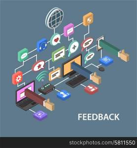 Support feedback concept with isometric communication buttons and human hands vector illustration. Support Feedback Concept