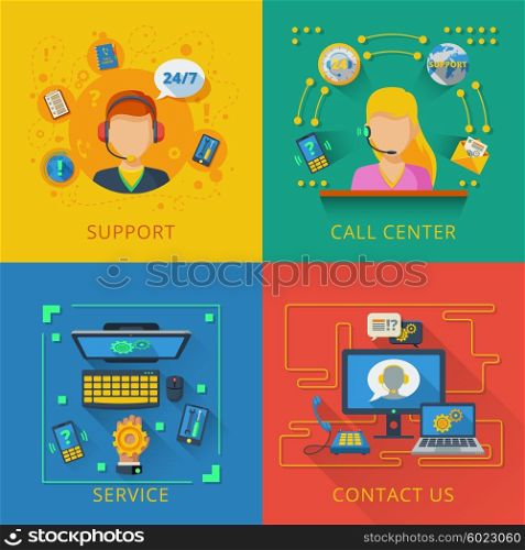 Support flat set. Support design concept set with call center service flat icons isolated vector illustration