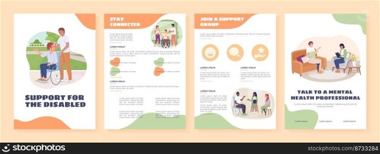 Support for disabled flat vector brochure template. Booklet, leaflet printable flat color designs. Editable magazine page, reports kit with text space. Sigmar One, Balsamiq Sans, Comfortaa fonts used. Support for disabled flat vector brochure template