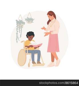 Support from specialized professional isolated cartoon vector illustration. Woman talks to child sitting in wheelchair, education specialist support, private special school vector cartoon.. Support from specialized professional isolated cartoon vector illustration.