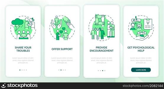 Support group activities green onboarding mobile app screen. Encouraging walkthrough 4 steps graphic instructions pages with linear concepts. UI, UX, GUI template. Myriad Pro-Bold, Regular fonts used. Support group activities green onboarding mobile app screen