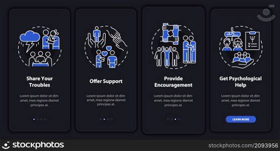 Support group activities night mode onboarding mobile app screen. Walkthrough 4 steps graphic instructions pages with linear concepts. UI, UX, GUI template. Myriad Pro-Bold, Regular fonts used. Support group activities night mode onboarding mobile app screen