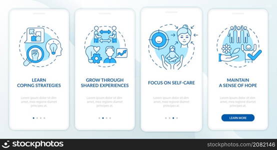 Support group advantages blue onboarding mobile app screen. Self care walkthrough 4 steps graphic instructions pages with linear concepts. UI, UX, GUI template. Myriad Pro-Bold, Regular fonts used. Support group advantages blue onboarding mobile app screen