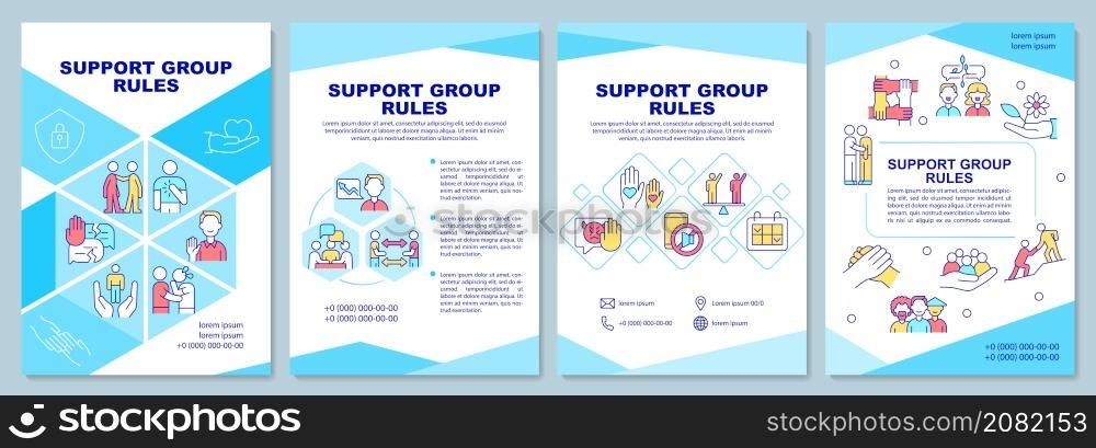 Support group rules brochure template. Sharing problems. Booklet print design with linear icons. Vector layouts for presentation, annual reports, ads. Arial-Black, Myriad Pro-Regular fonts used. Support group rules brochure template