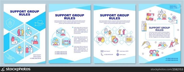 Support group rules brochure template. Sharing problems. Booklet print design with linear icons. Vector layouts for presentation, annual reports, ads. Arial-Black, Myriad Pro-Regular fonts used. Support group rules brochure template