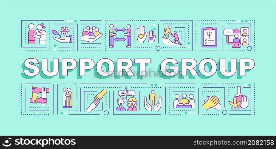Support group word concepts mint banner. Treatment program. Infographics with linear icons on background. Isolated typography. Vector color illustration with text. Arial-Black font used. Support group word concepts mint banner