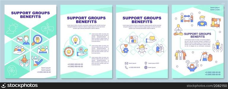 Support groups benefits brochure template. Mental health. Booklet print design with linear icons. Vector layouts for presentation, annual reports, ads. Arial-Black, Myriad Pro-Regular fonts used. Support groups benefits brochure template