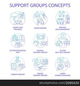 Support groups blue gradient concept icons set. Online therapy idea thin line color illustrations. Learn coping strategies. Isolated outline drawings. Roboto-Medium, Myriad Pro-Bold fonts used. Support groups blue gradient concept icons set