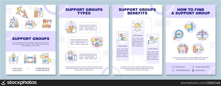Support groups brochure template. Types and benefits. Booklet print design with linear icons. Vector layouts for presentation, annual reports, ads. Arial-Black, Myriad Pro-Regular fonts used. Support groups brochure template