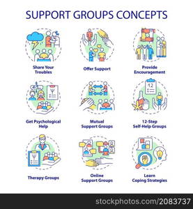 Support groups concept icons set. Psychological help idea thin line color illustrations. Offer support. Isolated outline drawings. Editable stroke. Roboto-Medium, Myriad Pro-Bold fonts used. Support groups concept icons set