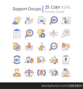 Support groups RGB color icons set. Mental health recovery. Addiction treatment. Isolated vector illustrations. Simple filled line drawings collection. Editable stroke. Quicksand-Light font used. Support groups RGB color icons set