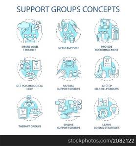 Support groups turquoise concept icons set. Share troubles idea thin line color illustrations. Offer support. Isolated outline drawings. Editable stroke. Roboto-Medium, Myriad Pro-Bold fonts used. Support groups turquoise concept icons set
