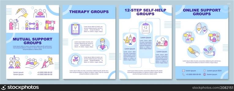 Support groups types brochure template. Online therapy. Booklet print design with linear icons. Vector layouts for presentation, annual reports, ads. Arial-Black, Myriad Pro-Regular fonts used. Support groups types brochure template