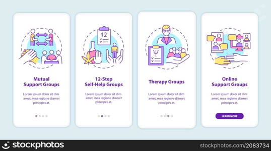 Support groups types onboarding mobile app screen. Mutual encouraging walkthrough 4 steps graphic instructions pages with linear concepts. UI, UX, GUI template. Myriad Pro-Bold, Regular fonts used. Support groups types onboarding mobile app screen