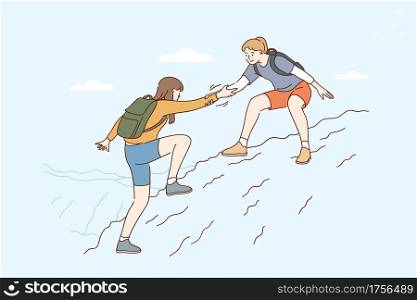 Support, help and assistance concept. Young smiling Woman backpacker cartoon character helping her friend to climb cliff and reach top of mountain vector illustration . Support, help and assistance concept