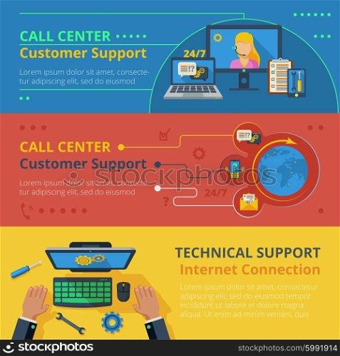 Support horizontal banner set. Support horizontal banner set with technical call center flat elements isolated vectro illustration
