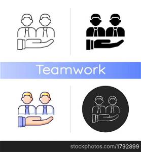 Support icon. Provide technical and customer support service. Collective help and compassion. Colleague empathy. Adaptation in team. Linear black and RGB color styles. Isolated vector illustrations. Support icon