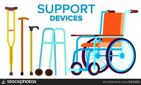 Support Items Vector. Walk Stick, Wheelchair. Isolated Cartoon Illustration. Support Items Vector. Walk Stick, Wheelchair. Isolated Flat Cartoon Illustration