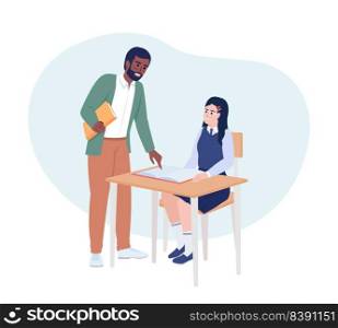 Support learner at school 2D vector isolated illustration. Male teacher explaining book to pupil flat characters on cartoon background. Colorful editable scene for mobile, website, presentation. Support learner at school 2D vector isolated illustration