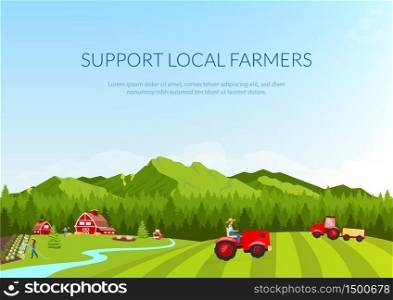 Support local farmers banner flat vector template. Brochure, poster concept design with cartoon characters. Farmland workers. Agriculture horizontal flyer, leaflet with place for text. Support local farmers banner flat vector template