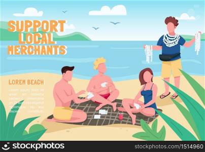 Support local merchants banner flat vector template. Brochure, poster concept design with cartoon characters. Tourists buying seashell souvenirs at beach horizontal flyer, leaflet with place for text