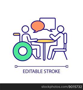 Support of disabled employee in workplace RGB color icon. DEI principles in communication. Inclusive staff hiring. Isolated vector illustration. Simple filled line drawing. Editable stroke. Support of disabled employee in workplace RGB color icon