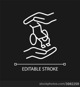 Support people with disabilities white linear icon for dark theme. Equal opportunities. Inclusive education. Thin line illustration. Isolated symbol for night mode. Editable stroke. Arial font used. Support people with disabilities white linear icon for dark theme