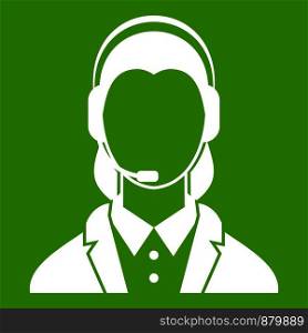 Support phone operator in headset icon white isolated on green background. Vector illustration. Support phone operator in headset icon green