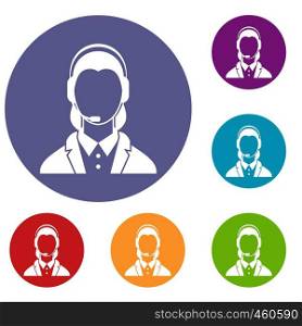 Support phone operator in headset icons set in flat circle reb, blue and green color for web. Support phone operator in headset icons set