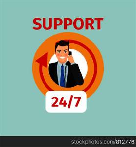 Support service vector circle icon with man speaking on the phone. Support service circle icon with man