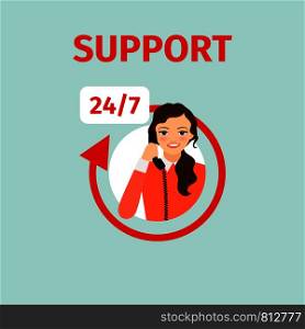 Support service vector circle icon with woman answering the phone. Support service circle icon with woman