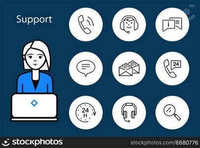 Support service woman working by laptop, isolated icons set vector. Phone calls and daily help to customers, online chatting and information giving. Support Service Woman and Laptop Icons Set Vector