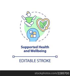Supported health and wellbeing concept icon. Circular economy key element abstract idea thin line illustration. Isolated outline drawing. Editable stroke. Arial, Myriad Pro-Bold fonts used. Supported health and wellbeing concept icon