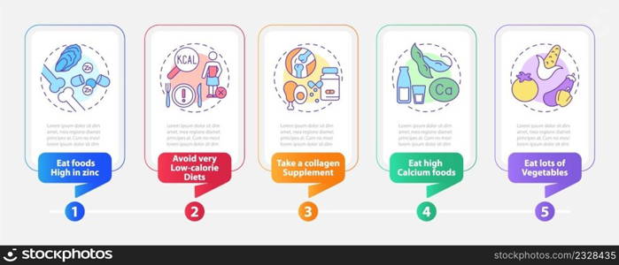 Supporting bones health rectangle infographic template. Supplements. Data visualization with 5 steps. Process timeline info chart. Workflow layout with line icons. Myriad Pro-Bold, Regular fonts used. Supporting bones health rectangle infographic template