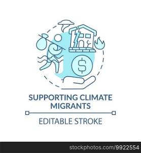 Supporting climate migrants concept icon. Environmetnal change idea thin line illustration. World tranformation caused by global warming. Vector isolated outline RGB color drawing. Editable stroke. Supporting climate migrants concept icon