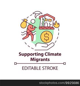Supporting climate migrants concept icon. Environmetnal change idea thin line illustration. World tranformation caused by human. Vector isolated outline RGB color drawing. Editable stroke. Supporting climate migrants concept icon