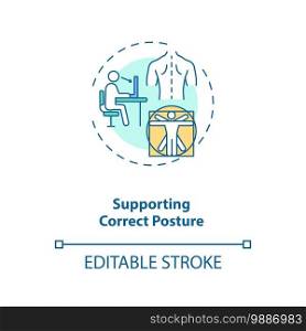 Supporting correct posture concept icon. Ergonomic design benefit idea thin line illustration. Correct sitting position. Neutral spine. Vector isolated outline RGB color drawing. Editable stroke. Supporting correct posture concept icon