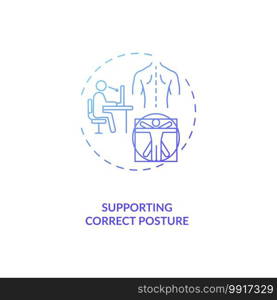 Supporting correct posture concept icon. Ergonomic design benefit idea thin line illustration. Correct sitting position. Upper back, neck, shoulder support. Vector isolated outline RGB color drawing. Supporting correct posture concept icon