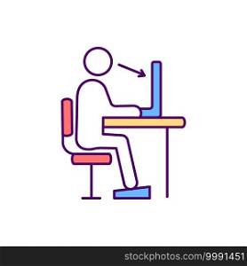Supporting correct posture RGB color icon. Healthy back. Correct sitting position in workplace. Slouching prevention. Reducing neck and back strain. Footrest. Isolated vector illustration. Supporting correct posture RGB color icon