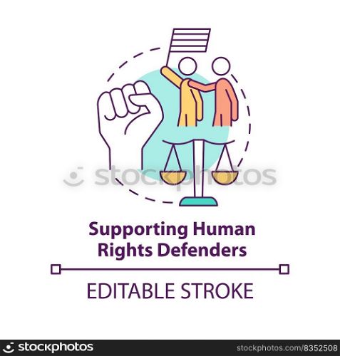 Supporting human rights defenders concept icon. Active fighters. State support abstract idea thin line illustration. Isolated outline drawing. Editable stroke. Arial, Myriad Pro-Bold fonts used. Supporting human rights defenders concept icon